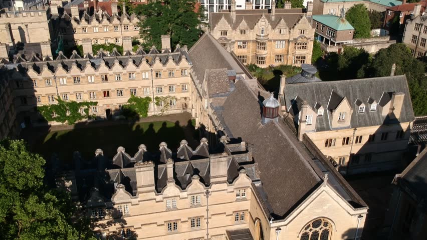 Aerial view of University College in Oxford - Oxfordshire, United Kingdom from above