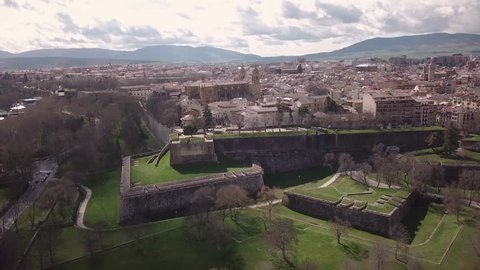 Pamplona aerial footage of the fortifications in the town of the running of the bulls in Navarra, Spain