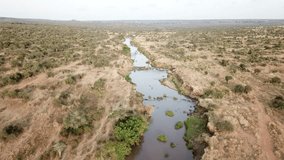 Aerial footage river in East African savannah wilderness 