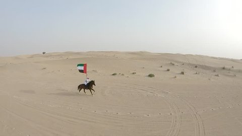 Emirati man riding Horse in the desert holding UAE Flag 
