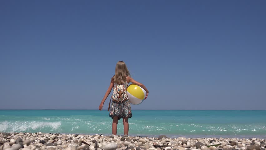 Child Watching Sea Waves on Beach, Kid Playing at Seaside, Girl View on Seashore