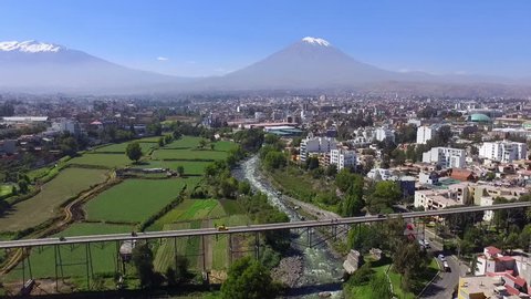 Arequipa city in Peru drone aerial view. Arequipa is the capital and largest city of the Arequipa Region and the seat of the Constitutional Court of Peru. It is Peru's second most populous city.
