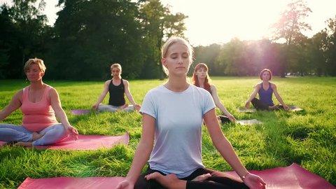 Yoga in the park, group of mixed age women practicing yoga and meditating while sunset