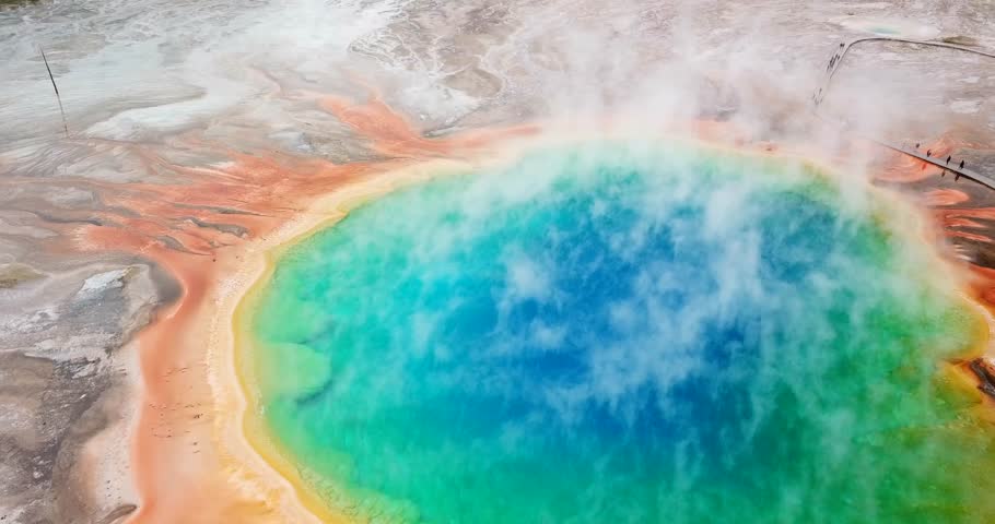 Aerial footage of Grand Prismatic Spring at Yellowstone National Park, Wyoming, America Royalty-Free Stock Footage #1017364354