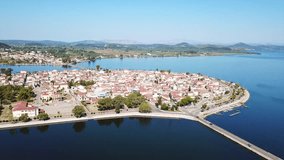 Aerial drone view video of famous island - fishing village of Aitoliko in Aetolia - Akarnania, Greece situated in the middle of Messolongi archipelago known as the Little Venice of Greece