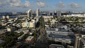 Aerial View Of Miami City Skyscrapers and Streets, Beach Hotels, Expat Business Travel, Industrial City, South Beach Florida  