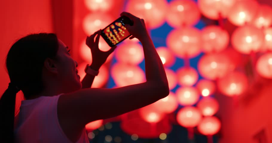 Woman take photo of red lantern | Shutterstock HD Video #1017385981