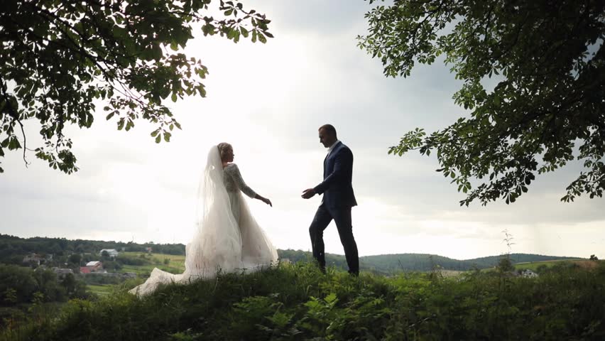 Slow motion bride and groom holding hands kiss smile feel happy walk in garden park love wedding young beauty autumn romance sunset couple nature summer dress husband marriage romantic wife close up | Shutterstock HD Video #1017388309