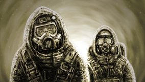 Rescuers in protective suit and gas mask. Biological threat. Sci-fi 2d animation. Horror fiction genre. Scary animated backdrop movie. Future war. Dark bunker. Motion graphics for Vj and music clip. 