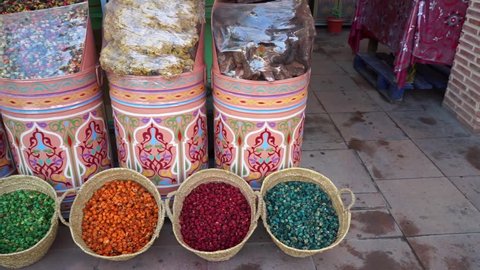 Spices and herbs on a moroccan souk market in the old town Medina in Marrakesh