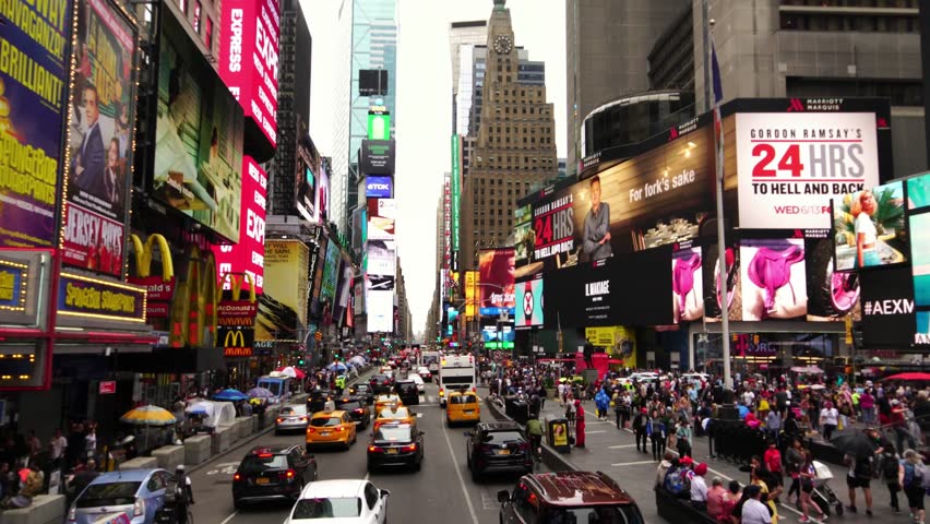NEW YORK CITY, USA - SEPT 22, 2018:  Aerial shot of Times Square advertisement billboards in Manhattan New York City NYC. NYC is a popular tourist travel destination. | Shutterstock HD Video #1017396121