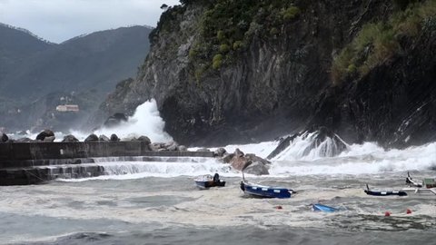 Vernazza, Italy / April 28, 2017 - Sea Storm Hits Vernazza As Waves Toss Boats