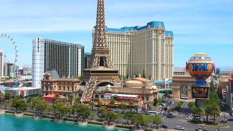 Las Vegas, Nevada, United States - 05 05 2018: AERIAL VIEW OF LAS VEGAS HOTELS, CASINOS, TOWER AND FOUNTAIN, NEVADA, UNITED STATES. DRONE VIDEO.