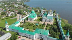 Aerial drone footage of Spaso-Yakovlevski Monastery area and Nero lake. Popular tourist route Golden Ring of Russia