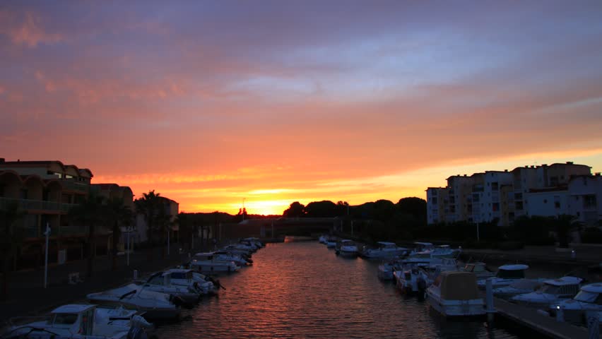 Timelapse of sunset at the port of Gruissan in Aude. Languedoc in the south of France