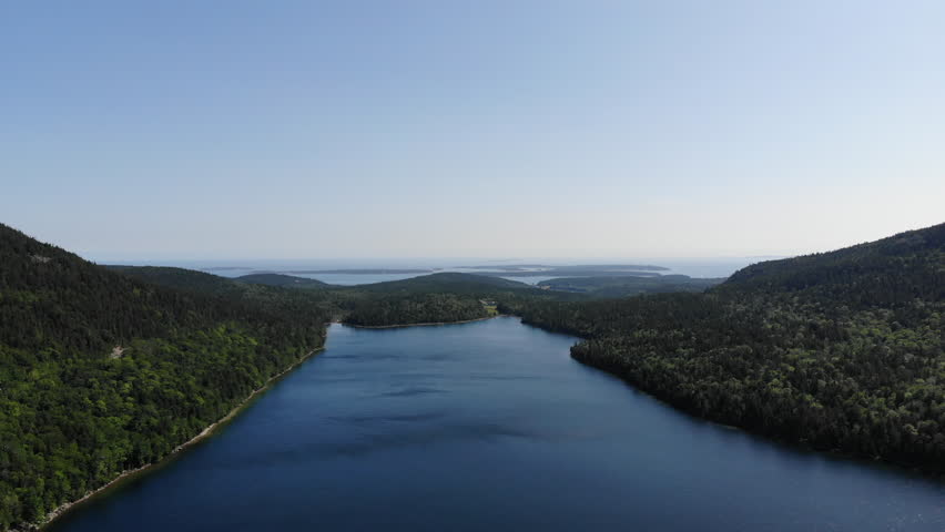 aerial footage of Jordan Pond in Acadia National Park, Maine