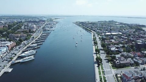 Aerial Drone Footage Video from Emmons avenue and Shore blvd and SheepsHead Bay with Yachts and Boardwalk Cafe Restaurants