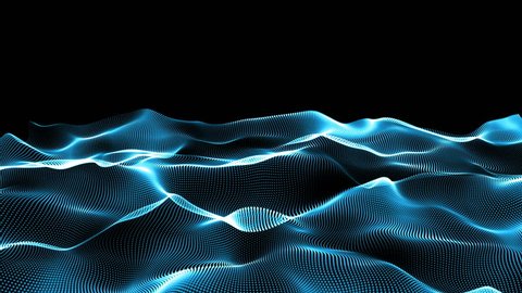 Abstract blue wavy lines. Digital data and network connection dots in technology concept on black background, abstract illustration