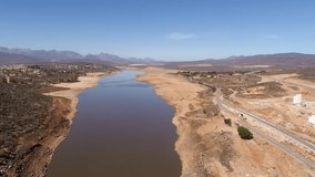 Aerial footage over the very dry Clanwilliam dam, in the Olifantsriver in the drought stricken Western Cape of South Africa