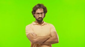 young bearded silly man waiting pose against chroma key editable background. ready to cut out the person.