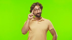 young bearded silly man having an idea against chroma key editable background. ready to cut out the person.