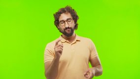 young bearded silly man dancing against chroma key editable background. ready to cut out the person.