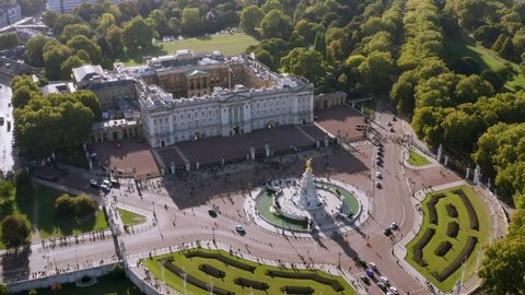 London, UK - October 2018: Aerial View of Royal Residence Buckingham Palace feat. Victoria Memorial. Famous Iconic Monarch Building of the United Kingdom located in the City of Westminster, England UK