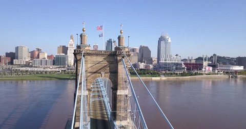 Suspension Bridge and Downtown Cincinnati - Lateral View