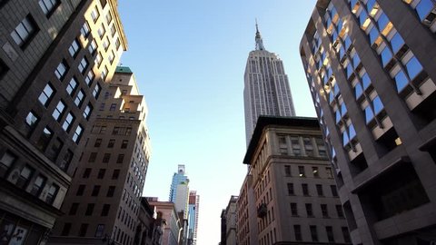 NEW YORK CITY, USA - SEPT 22, 2018: drone shot of NYC New York City Manhattan iconic skyscrapers with Empire State Building. NYC is a popular tourist travel destination.