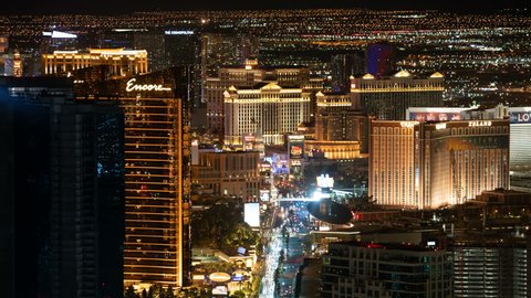 Las Vegas, Nevada, USA - September 5, 2018 : Las Vegas Strip Aerial Time Lapse of Hotel and Casino