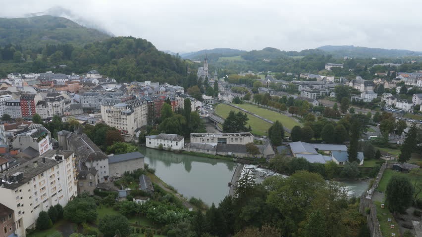 Aerial view of town of Lourdes, France. Sanctuary of Our Lady of Lourdes, also known as the 
