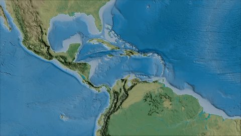 Caribbean tectonic plate shape animated on the topographic map in the van der Grinten projection with oblique transformation. Stroke first. Peter Bird's division