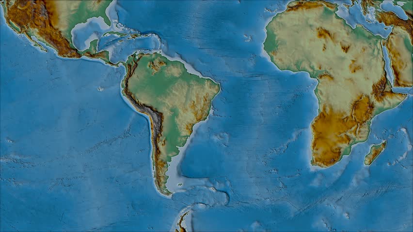 South American tectonic plate shape animated on the relief map in the van der Grinten projection with oblique transformation. Stroke first. 