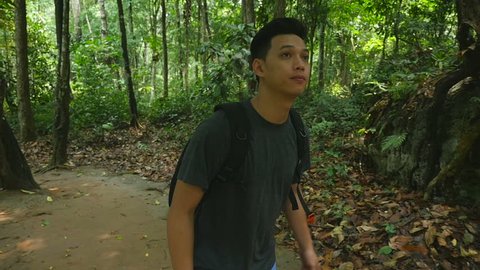 Asian Man Hiking In National Park

