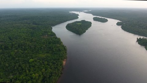 Oiapoque River border between French Guiana and the Brazilian state of Amapá. Drone view