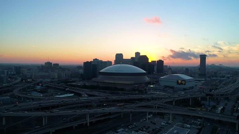 HD Drone Aerial View of New Orleans, Louisiana, USA Skyline at Sunrise