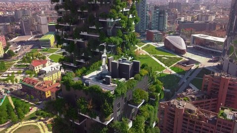 Milan, Italy - September 26, 2018: Aerial view. Modern and ecologic skyscrapers with many trees on every balcony. Bosco Verticale