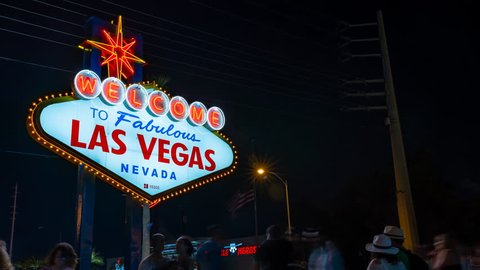Panning Vegas Welcome Time-lapse. The world famous "Welcome to Fabulous Las Vegas, Nevada". Designed in the "Googie" architecture style, the sign is located at the southern end of the Las Vegas Strip.