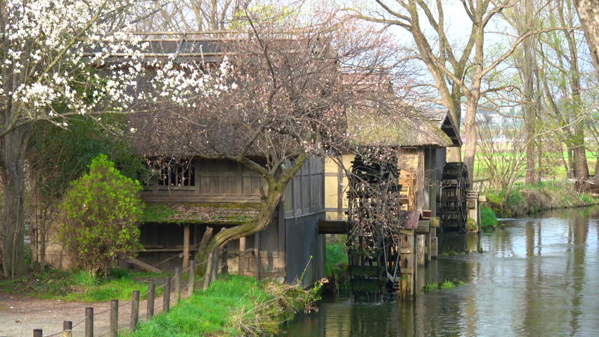 A flowing water mill in Wasabi plantation in Nagano prefecture of Japan and flow of early spring