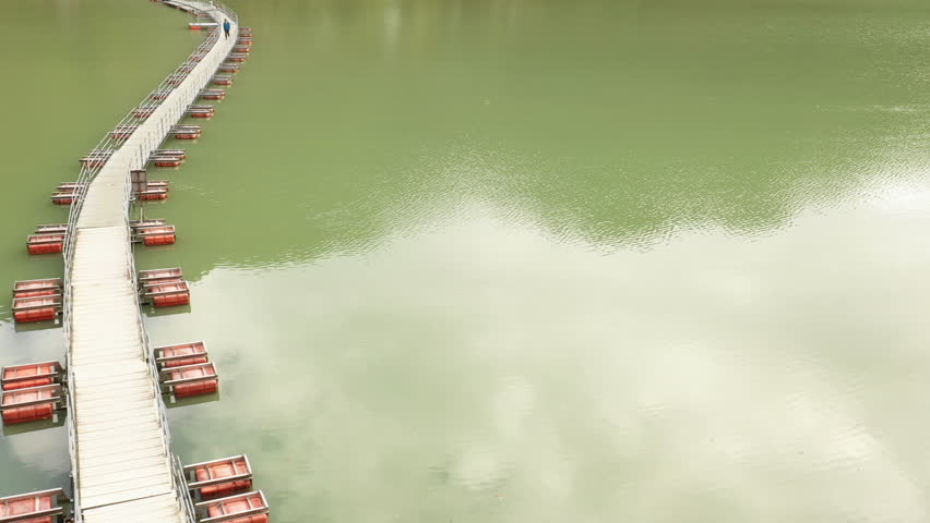 Aerial view of a pontoon bridge at at Lake Okutama, Japan.