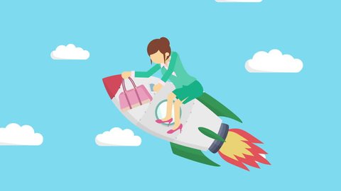 Business woman flying on rocket through blue sky. Leap concept. Loop illustration in flat style.