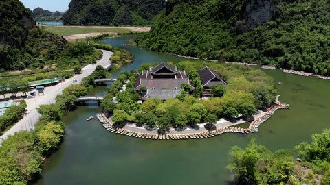 Aerial view of Trang An Scenic Landscape Complex, a UNESCO World Heritage Site in Trang An, Ninh Binh Province, Vietnam.