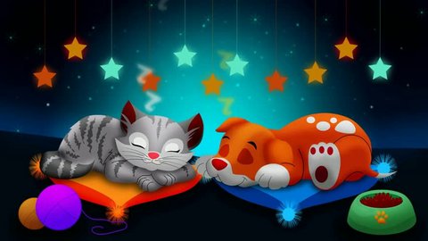 dog and cat cartoon are sleeping together ,best loop video background to put a baby to sleep calming and relaxing