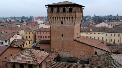 Montecchio Emilia, Reggio Emilia, Italy - 05.05.2018: Aerial view of Montecchio Emilia Castle