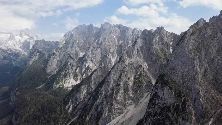 Aerial view of Gosaukamm and Dachstein massif, Gosau lake in Salzkammergut, Upper Austria.