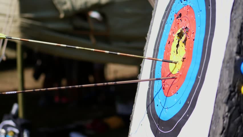 An outdoor target for shooting with a bow and arrows, for archery arrows on a summer day , in the Park. Archery target , Hit the goal. target board and arrow shoot. Royalty-Free Stock Footage #1017511000