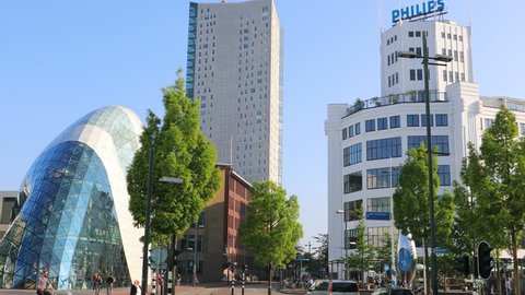 EINDHOVEN, NETHERLANDS - JUNE 5, 2018: Day view of the old Philips factory building and modern futuristic building in the city centre of Eindhoven, Netherlands