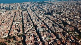 Modern urban landscape in Barcelona, panoramic view from drone of Eixample district