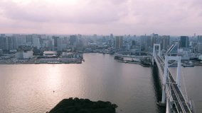 4k aerial drone footage - Beautiful Tokyo skyline and the famous Rainbow Bridge at sunset.  Capital city of Japan.  