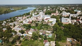 Aerial view of city landscape of Kasimov on Oka river with Ascension Cathedral on Cathedral Square, Russia